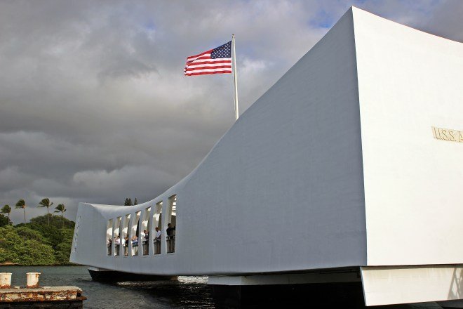 The memorial from the arrival dock.