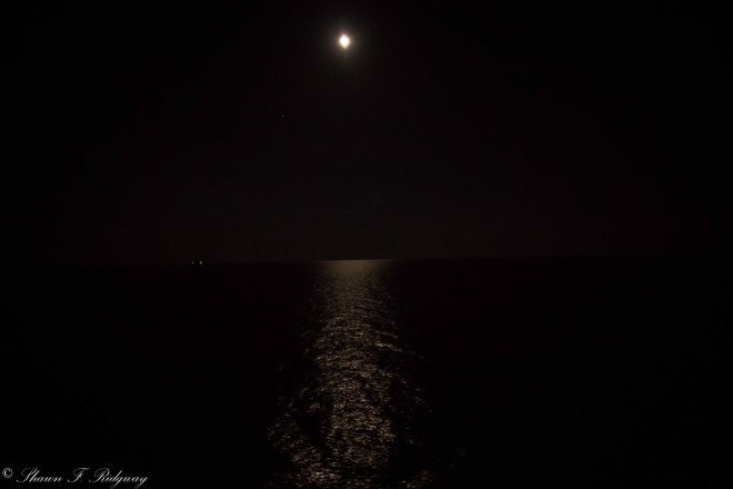 The moon reflecting on the water from our cabin