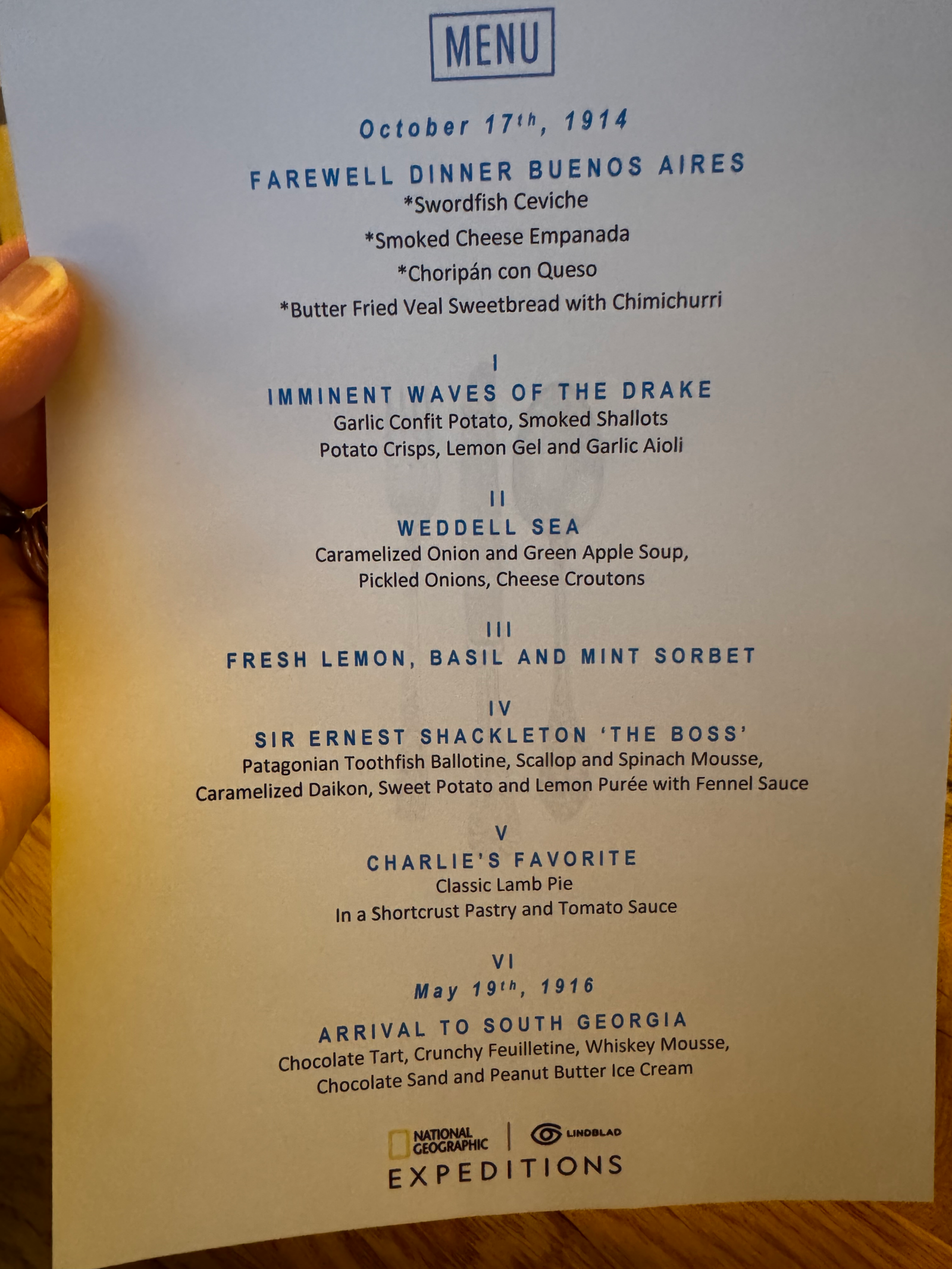 Menu from Charlie Green's dinner