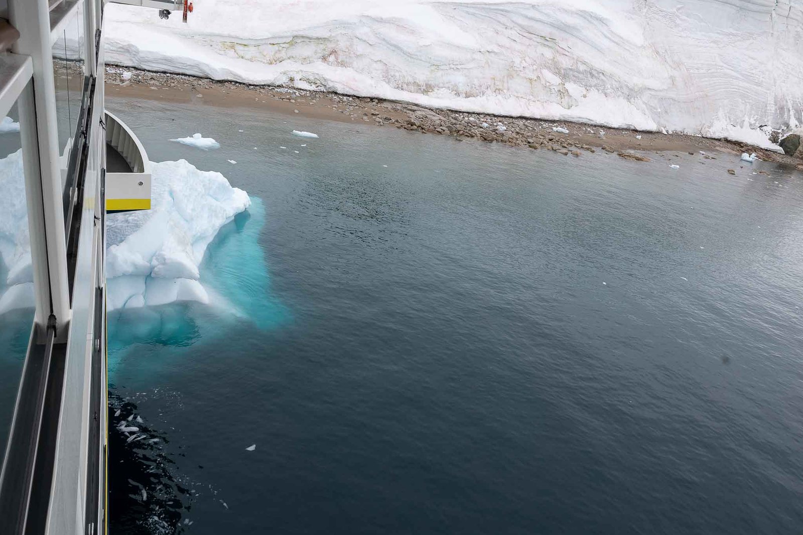 View from the cabin of the side of the ship which has landed on the beach