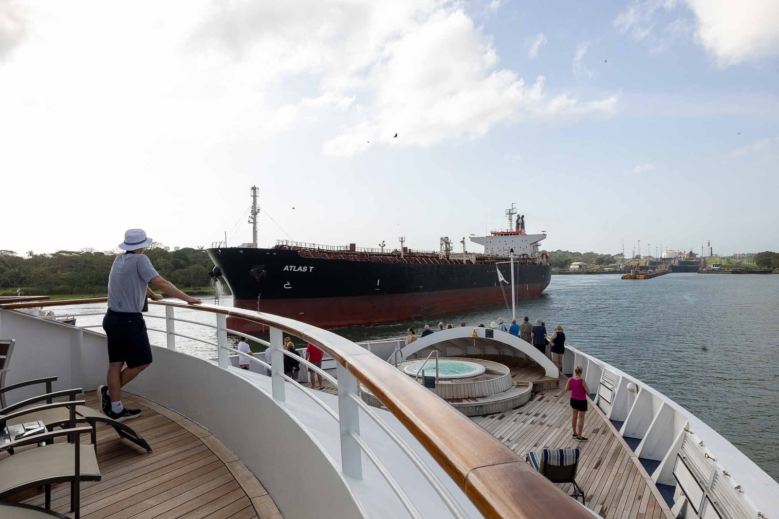 Approaching Gatun Locks and a ship that has just come through the other way.