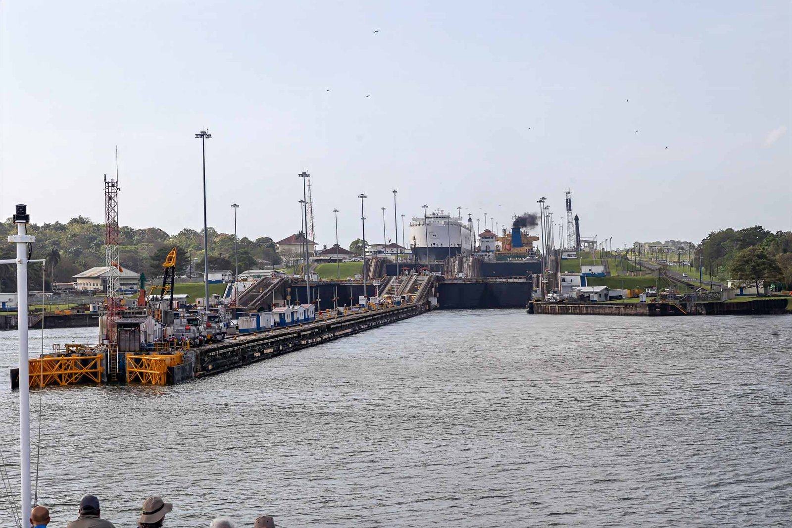 Gatun Locks and a large white ship coming the other way which we will pass in the first set of locks. He will be lowered as we are raised.