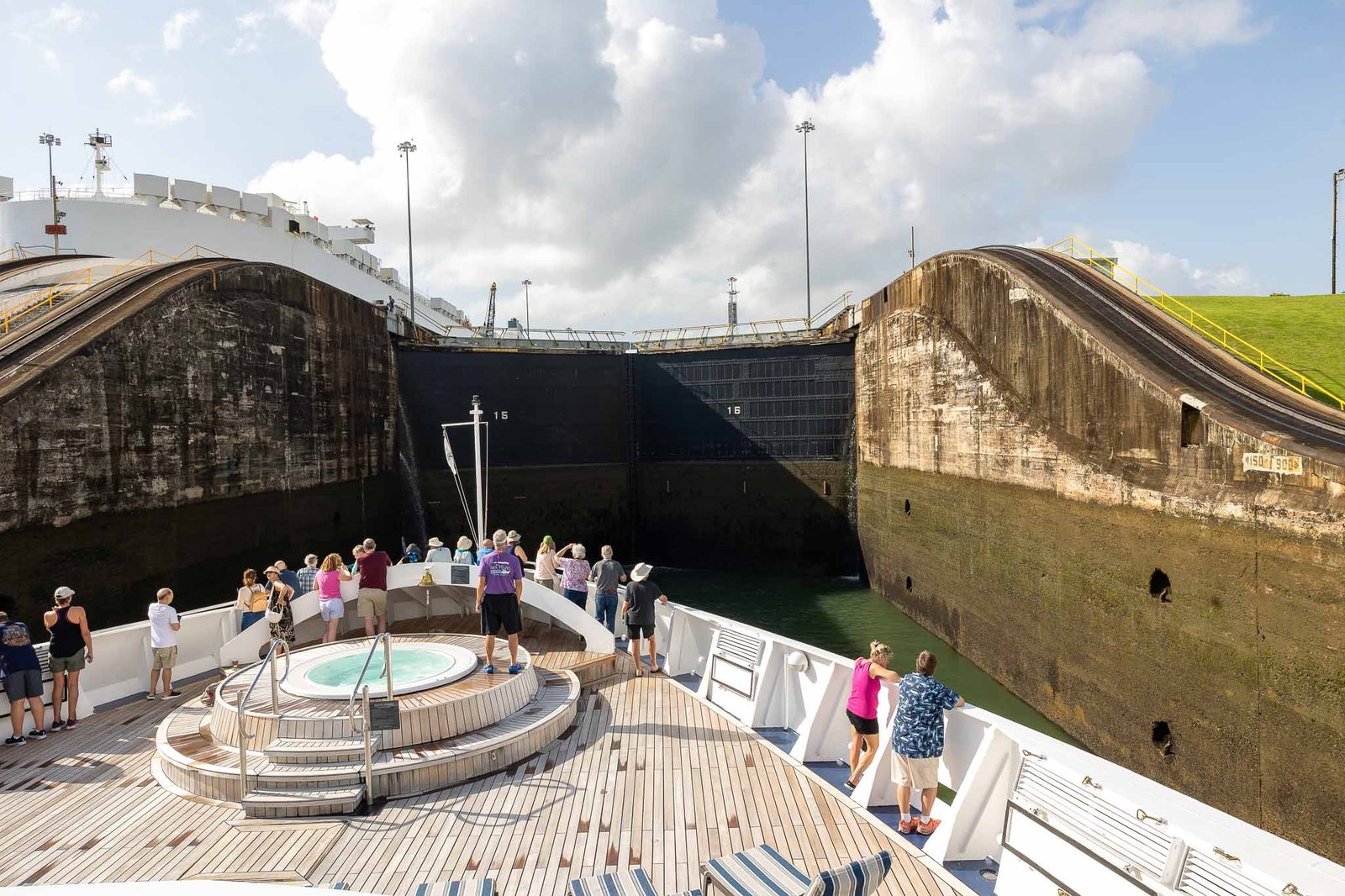 In the lock with people on the deck below watching