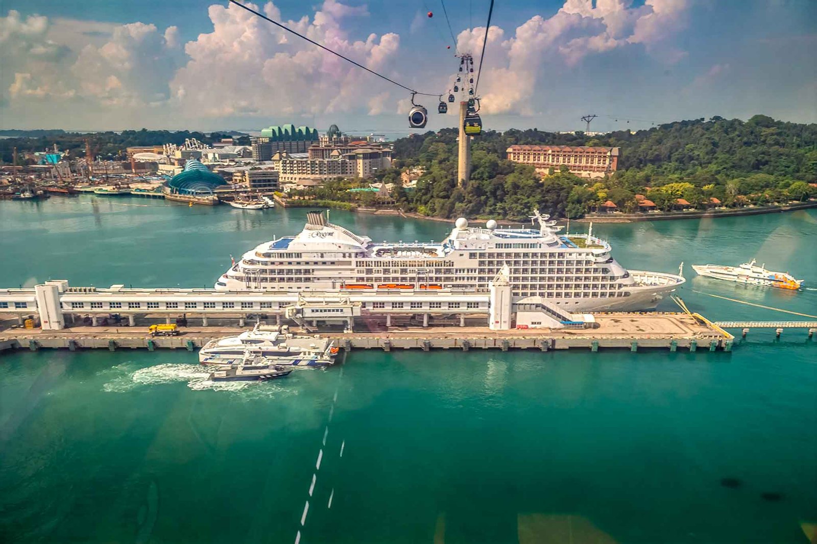 view of our ship from the cable car as we went over - odd colors sue to cable car windows